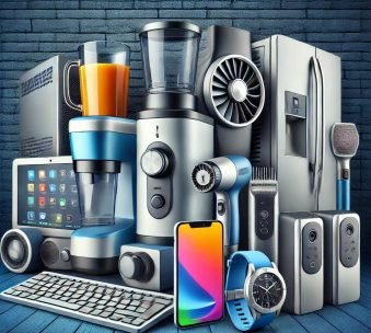 featuring a collection of electronics products, including a juicer, trimmer, laptops, and mobile phones
