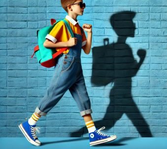A stylish and modern image featuring a boy walking confidently against a blue brick wall background.