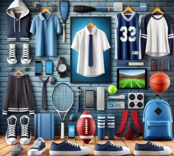 featuring a collection of uniform and sports products, arranged against a blue brick wall background similar to the one use